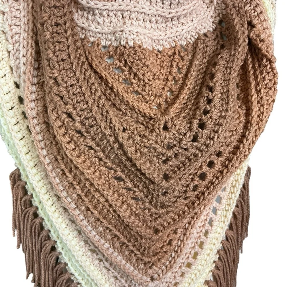 Hand Crafted‎ Crochet Turtle Neck Scarf in Beige and Cream with Fringe